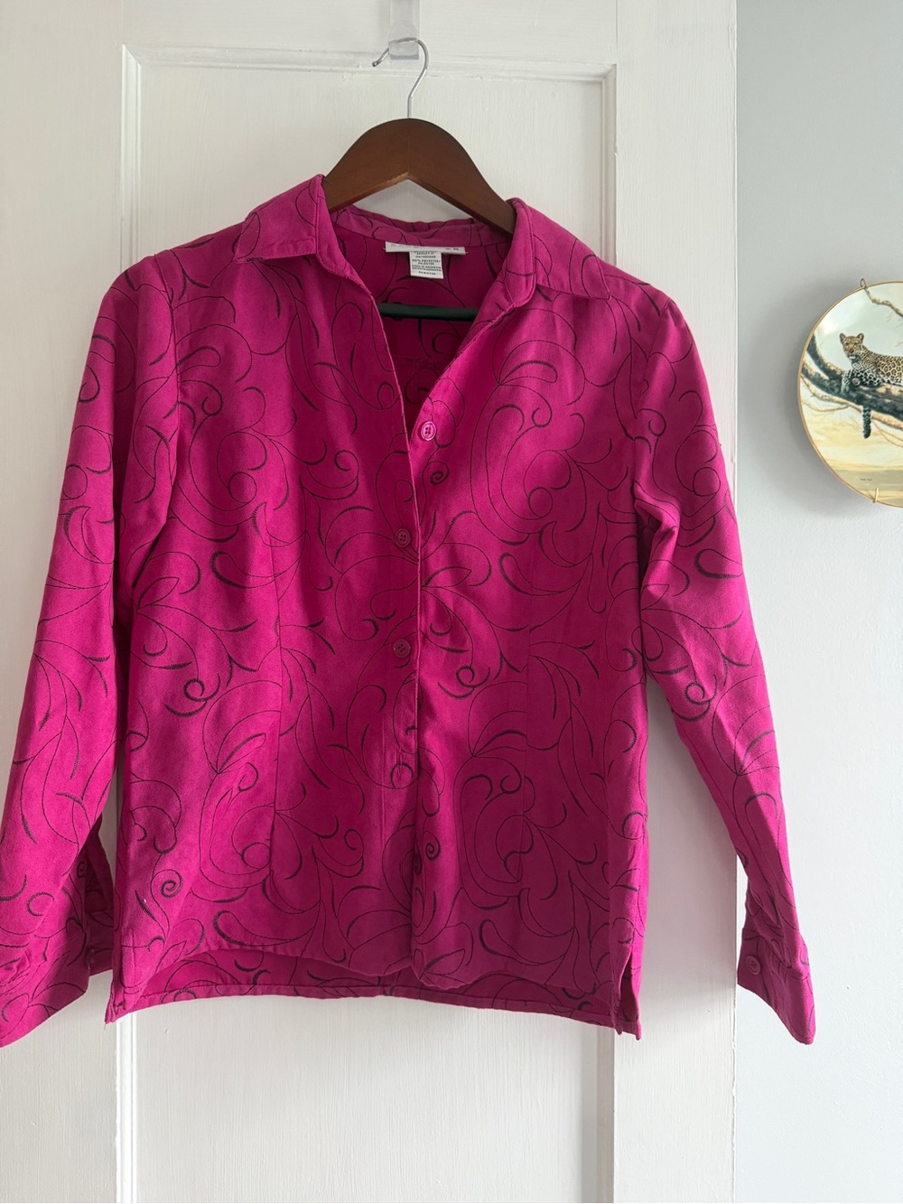 Sag Harbor Fuchsia Button-Up Blazer with Black Swirl Print